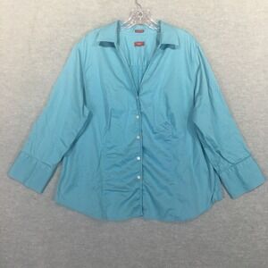 Talbots 18W Turquoise Blue Stretch Cotton Sateen Button-Up Shirt Tailored Fitted